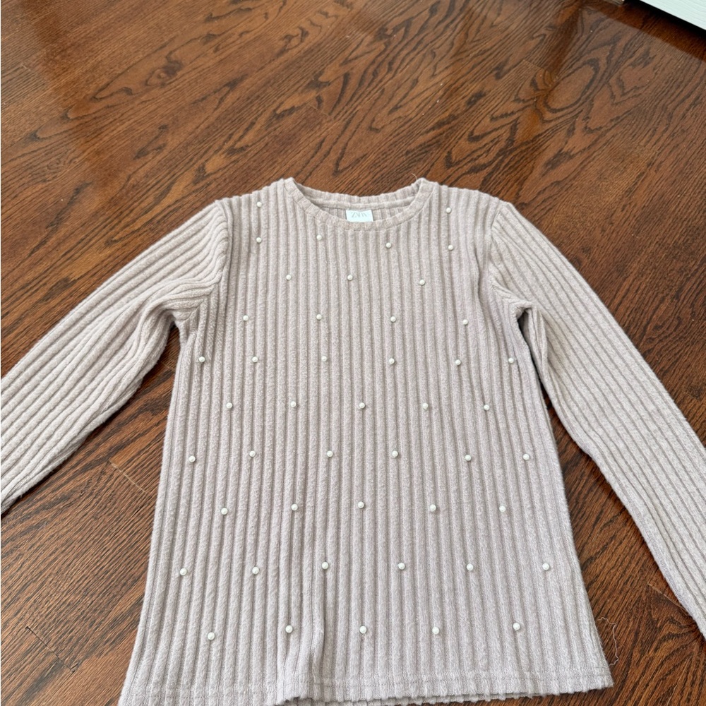 ZARA Girls Blush Ribbed Sweater/Top/shirt with Pearl Accents sz 13-14